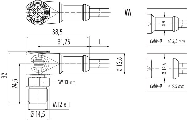 Binder 77-3727-0000-50003-0200 M12-A Male angled connector, Contacts: 3, unshielded, moulded on the cable, IP69K, UL, PUR, black, 3 x 0.34 mm², stainless steel, 2 m