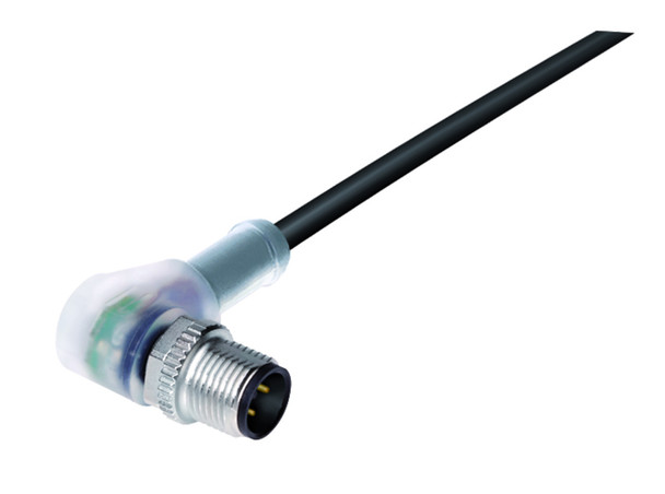 Binder 77-3627-0000-50003-0500 M12-A Male angled connector, Contacts: 3, unshielded, moulded on the cable, IP69K, UL, PUR, black, 3 x 0.34 mm², with LED PNP closer, 5 m | American Cable Assemblies