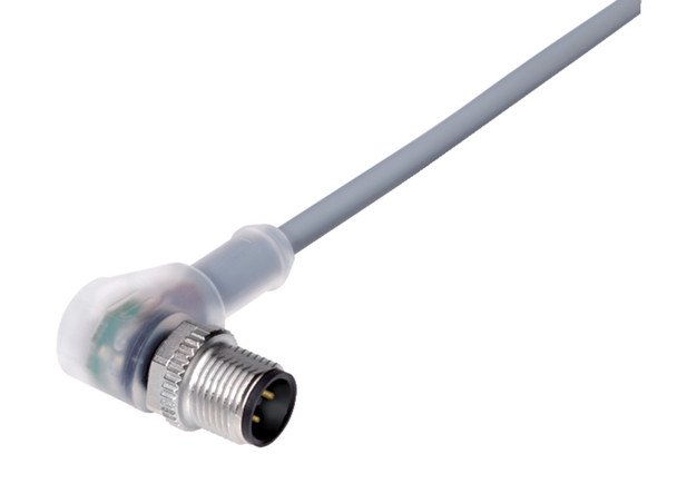Binder 77-3627-0000-20004-0200 M12-A Male angled connector, Contacts: 4, unshielded, moulded on the cable, IP69K, UL, PVC, grey, 4 x 0.34 mm², with LED PNP closer, 2 m | American Cable Assemblies