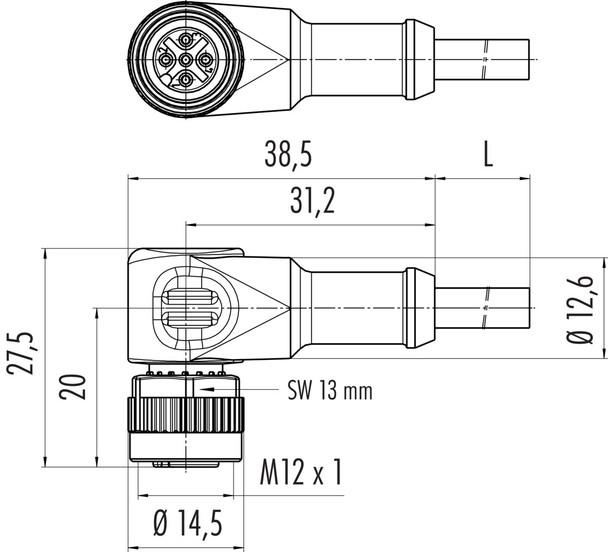 Binder 77-3434-0000-80203-0500 M12-A Female angled connector, Contacts: 3, unshielded, moulded on the cable, IP68, UL, PUR, black, 3 x 0.34 mm², for welding applications, 5 m