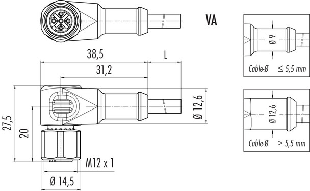 Binder 77-3734-0000-50004-0200 M12-A Female angled connector, Contacts: 4, unshielded, moulded on the cable, IP69K, UL, PUR, black, 4 x 0.34 mm², stainless steel, 2 m