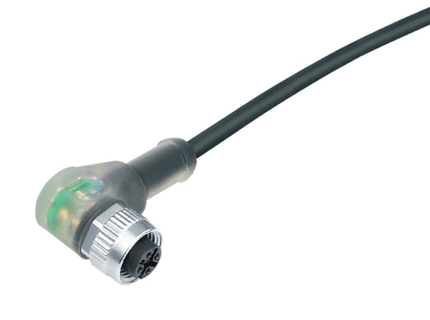 Binder 77-3634-0000-50003-0200 M12-A Female angled connector, Contacts: 3, unshielded, moulded on the cable, IP69K, UL, PUR, black, 3 x 0.34 mm², with LED PNP closer, 2 m | American Cable Assemblies