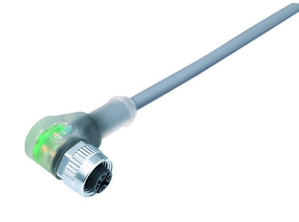 Binder 77-3634-0000-20003-0200 M12-A Female angled connector, Contacts: 3, unshielded, moulded on the cable, IP69K, UL, PVC, grey, 3 x 0.34 mm², with LED PNP closer, 2 m | American Cable Assemblies