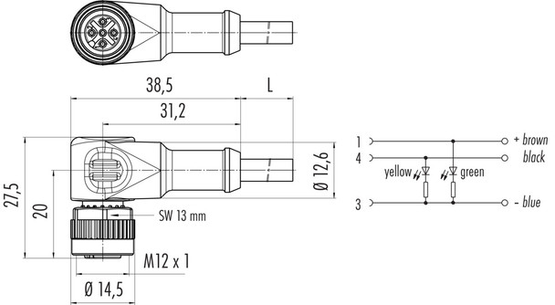 Binder 77-3634-0000-20003-1000 M12-A Female angled connector, Contacts: 3, unshielded, moulded on the cable, IP68/IP69K, UL, PVC, grey, 3 x 0.34 mm², with LED PNP closer, 10 m