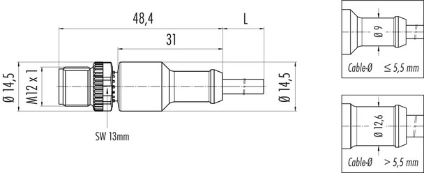 Binder 77-3429-0000-20004-0100 M12-A Male cable connector, Contacts: 4, unshielded, moulded on the cable, IP68, UL, PVC, grey, 4 x 0.34 mm², 1 m