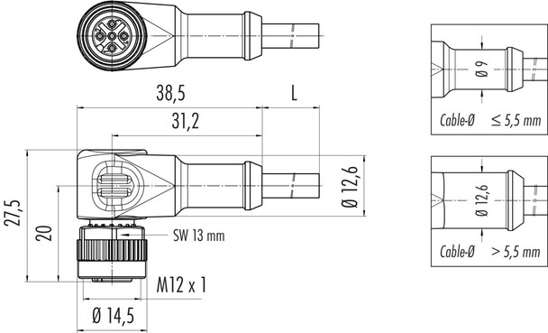 Binder 77-3434-0000-50608-0500 M12-A Female angled connector, Contacts: 8, shielded, moulded on the cable, IP67, UL, PUR, black, 7 x 0.25 mm², 5 m