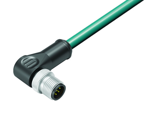 Binder 77-3527-0000-34708-1000 M12-A Male angled connector, Contacts: 8, shielded, moulded on the cable, IP67, Ethernet CAT5e, TPE, blue green, 4 x 2 x AWG 24, 10 m | American Cable Assemblies