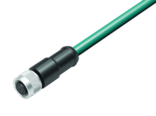 Binder 77-3530-0000-34708-0100 M12-A Female cable connector, Contacts: 8, shielded, moulded on the cable, IP67, Ethernet CAT5e, TPE, blue green, 4 x 2 x AWG 24, 1 m | American Cable Assemblies