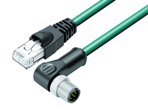 Binder 77-9753-3527-34708-0500 M12-A Connecting cable male angled connector - RJ45 connector, Contacts: 8, shielded, moulded on the cable, IP67, Ethernet CAT5e, TPE, blue green, 4 x 2 x AWG 24, 5 m | American Cable Assemblies
