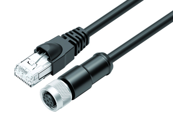 Binder 77-9753-3530-64708-0030 M12-A Connecting cable female cable connector - RJ45 connector, Contacts: 8, shielded, moulded on the cable, IP67, Ethernet CAT5e, TPE, black, 4 x 2 x AWG 24, 0.3 m | American Cable Assemblies