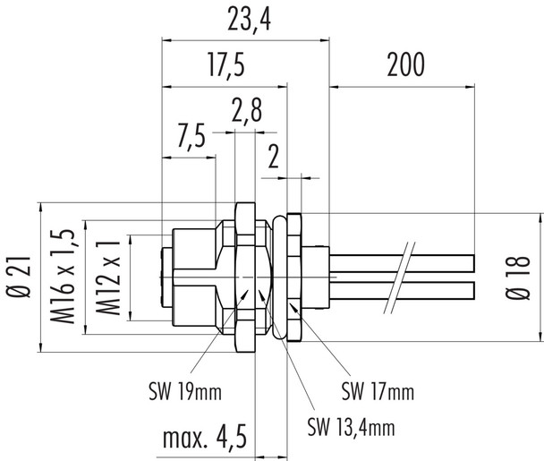 Binder 76-0632-1015-00004-0200 M12-A Female panel mount connector, Contacts: 4, unshielded, single wires, IP68, UL, M16x1,5, front fastened