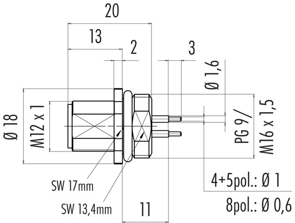 Binder 86-0131-0000-00005 M12-A Male panel mount connector, Contacts: 5, unshielded, THT, IP68, UL, PG 9