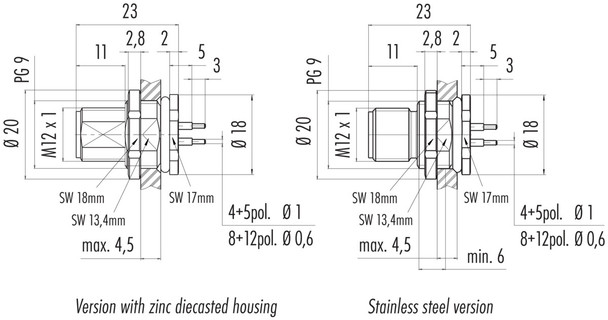 Binder 86-0631-1100-00012 M12-A Male panel mount connector, Contacts: 12, unshielded, THT, IP68, UL, M16x1,5, front fastened