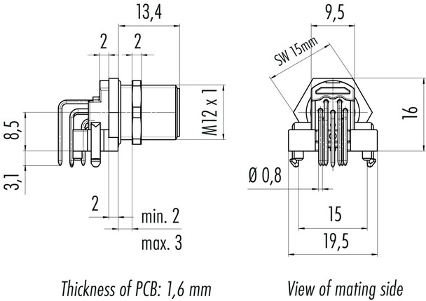 Binder 99-3481-202-08 M12-A Male angled panel mount connector, Contacts: 8, unshielded, THR, IP68, UL, for PCB assembly