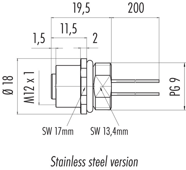 Binder 76-2132-0111-00005-0200 M12-A Female panel mount connector, Contacts: 5, unshielded, single wires, IP68, UL, PG 9, stainless steel