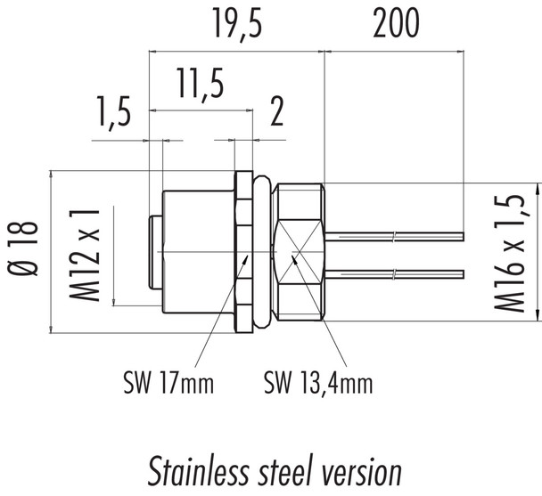 Binder 76-2232-0111-00005-0200 M12-A Female panel mount connector, Contacts: 5, unshielded, single wires, IP68, UL, M16x1,5, stainless steel