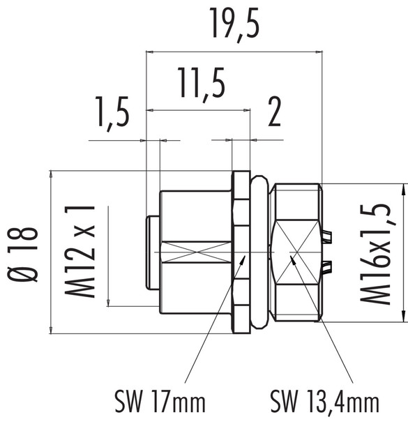 Binder 86-0232-0002-00004 M12-A Female panel mount connector, Contacts: 4, unshielded, solder, IP68, UL, M16x1,5