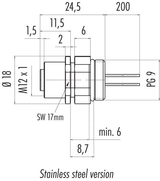 Binder 76-2732-0111-00004-0200 M12-A Female panel mount connector, Contacts: 4, unshielded, single wires, IP68/IP69K, UL, PG 9, stainless steel