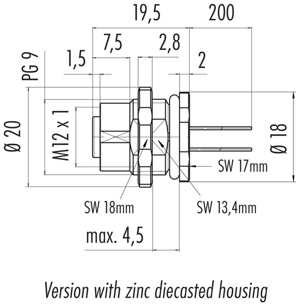 Binder 76-0532-1111-00012-0200 M12-A Female panel mount connector, Contacts: 12, unshielded, single wires, IP68/IP69K, UL, PG 9, front fastened
