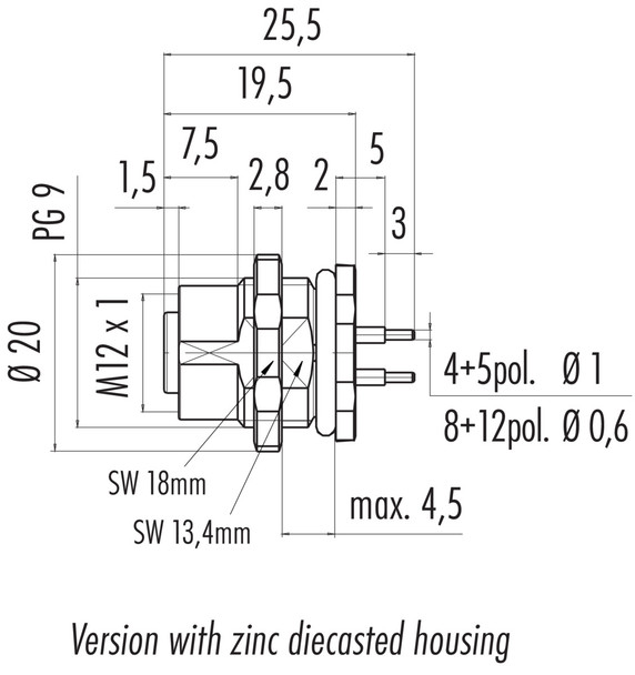 Binder 86-0632-1000-00008 M12-A Female panel mount connector, Contacts: 8, unshielded, THT, IP68, UL, M16x1,5, front fastened