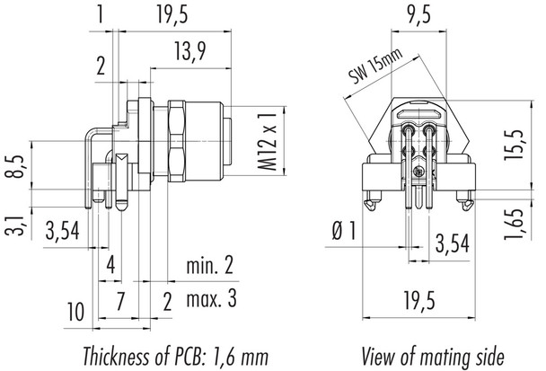 Binder 99-3432-601-04 M12-A Female angled panel mount connector, Contacts: 4, shieldable, THR, IP68, UL, for PCB assembly