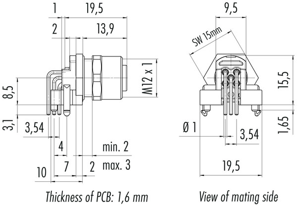 Binder 99-3442-202-05 M12-A Female angled panel mount connector, Contacts: 5, unshielded, THR, IP68, UL, for PCB assembly