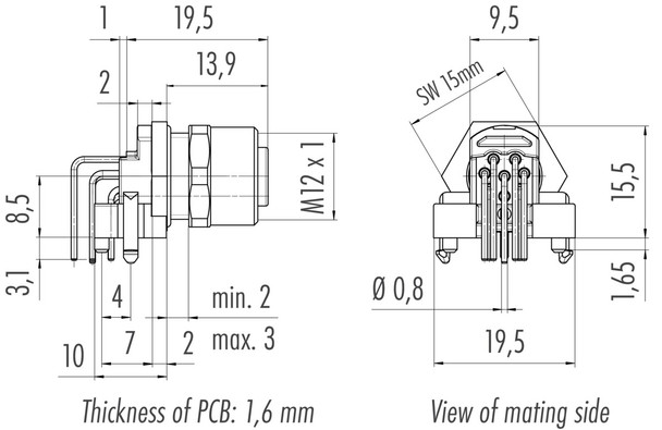 Binder 99-3482-202-08 M12-A Female angled panel mount connector, Contacts: 8, unshielded, THR, IP68, UL, for PCB assembly