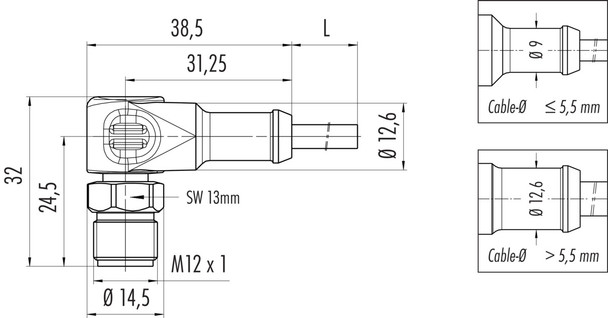 Binder 77-3727-0000-20912-0500 M12-A Male angled connector, Contacts: 12, unshielded, moulded on the cable, IP69K, UL, Ecolab, PVC, grey, 12 x 0.25 mm², stainless steel, 5 m