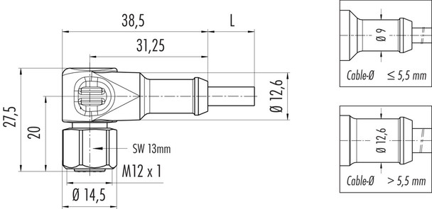 Binder 77-3734-0000-40908-0500 M12-A Female angled connector, Contacts: 8, unshielded, moulded on the cable, IP69K, Ecolab, FDA compliant, Special TPE, grey, 8 x 0.25 mm², stainless steel, 5 m
