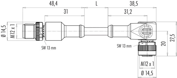 Binder 77-3434-3429-50708-0200 M12-A Connecting cable male cable connector - female angled connector, Contacts: 8, unshielded, moulded on the cable, IP68/IP69K, UL, PUR, black, 8 x 0.25 mm², 2 m