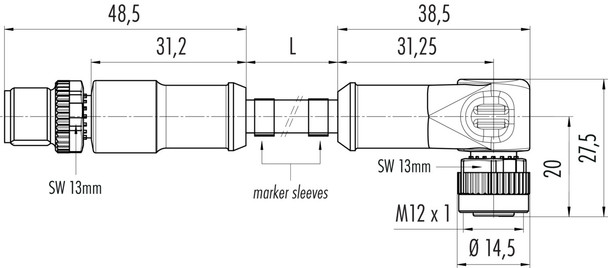 Binder 77-3434-3429-20708-0030 M12-A Connecting cable male cable connector - female angled connector, Contacts: 8, unshielded, moulded on the cable, IP68/IP69K, UL, PVC, grey, 8 x 0.25 mm², 0.3 m