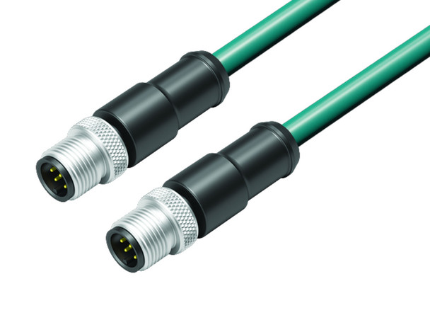 Binder 77-3529-3529-34708-0100 M12-A Connecting cable 2 male cable connectors, Contacts: 8, shielded, moulded on the cable, IP67, Ethernet CAT5e, TPE, blue green, 4 x 2 x AWG 24, 1 m | American Cable Assemblies