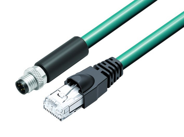Binder 77-9753-5429-34704-0030 M8-D Connecting cable male cable connector - RJ45 connector, Contacts: 4, shielded, moulded on the cable, IP67, Ethernet CAT5e, TPE, blue green, 2 x 2 x AWG 24, 0.3 m | American Cable Assemblies