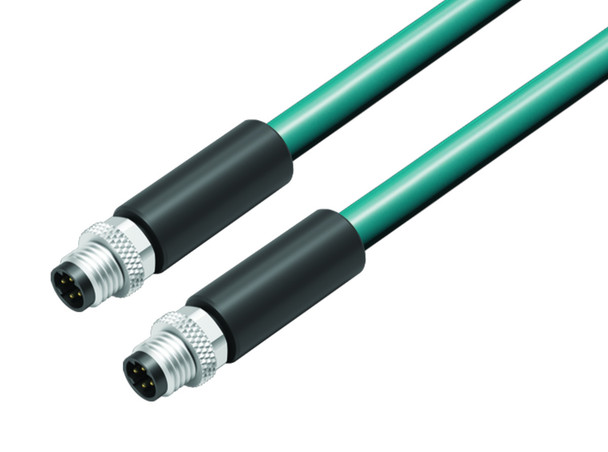 Binder 77-5429-5429-34704-0500 M8-D Connecting cable 2 male cable connectors, Contacts: 4, shielded, moulded on the cable, IP67, Ethernet CAT5e, TPE, blue green, 2 x 2 x AWG 24, 5 m | American Cable Assemblies