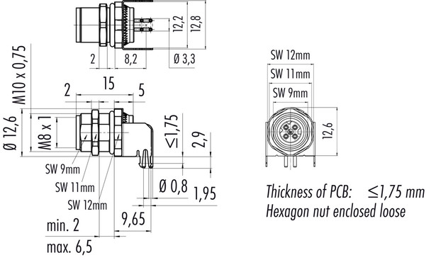Binder 86-6620-1121-00404 M8-D Female angled panel mount connector, Contacts: 4, shieldable, THT, IP67