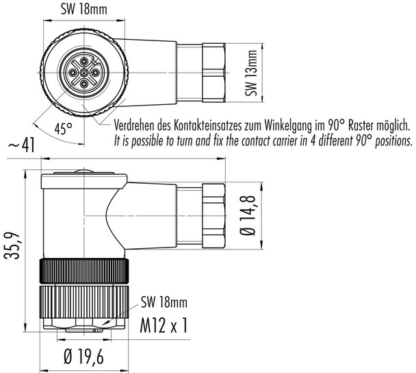 Binder 99-0430-05-04 M12-B Female angled connector, 4.0-6.0 mm, screw clamp, IP67, UL