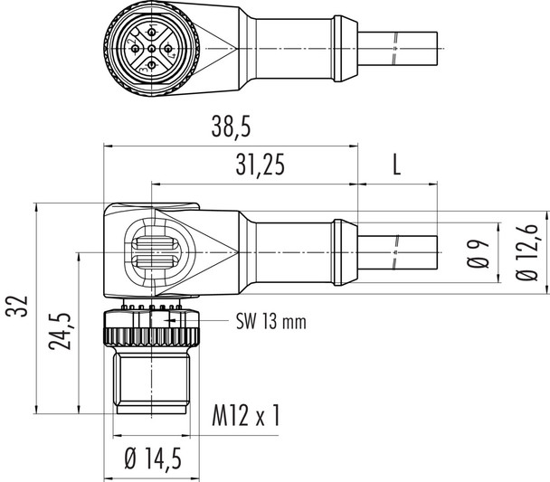 Binder 77-4427-0000-20004-1000 M12-B Male angled connector, Contacts: 4, unshielded, moulded on the cable, IP68, UL, PVC, grey, 4 x 0.34 mm², 10 m