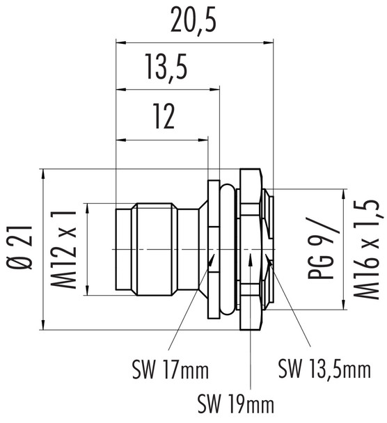Binder 86-4233-1002-00004 M12-B Male panel mount connector, Contacts: 4, unshielded, solder, IP67, UL, PG 9