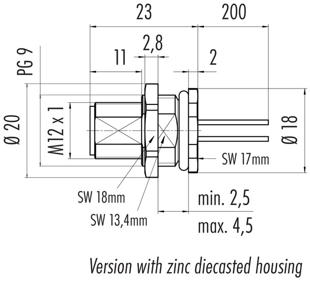 Binder 76-0533-1011-00104-0200 M12-B Male panel mount connector, Contacts: 4, unshielded, single wires, IP68, UL, PG 9, front fastened