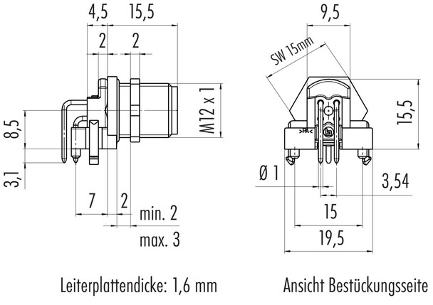 Binder 99-4445-202-05 M12-B Male angled panel mount connector, Contacts: 5, unshielded, THR, IP67, UL, two-part design