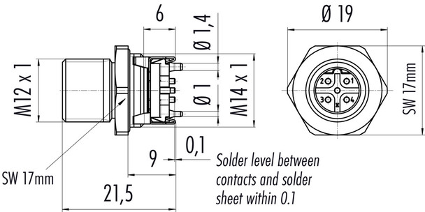 Binder 99-4441-401-05 M12-B Male panel mount connector, Contacts: 5, shieldable, SMT, IP67