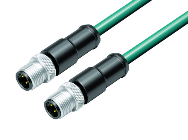 Binder 77-4529-4529-34704-0030 M12-D Connecting cable 2 male cable connectors, Contacts: 4, shielded, moulded on the cable, IP67, Ethernet CAT5e, TPE, blue green, 2 x 2 x AWG 24, 0.3 m | American Cable Assemblies