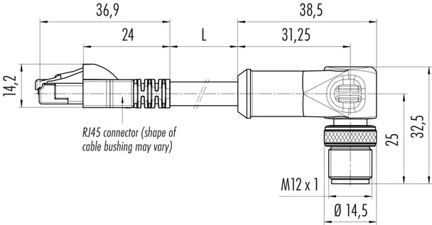 Binder 77-9753-4527-64704-0200 M12-D Connecting cable male angled connector - RJ45 connector, Contacts: 4, shielded, moulded on the cable, IP67, Ethernet CAT5e, TPE, black, 2 x 2 x AWG 24, 2 m
