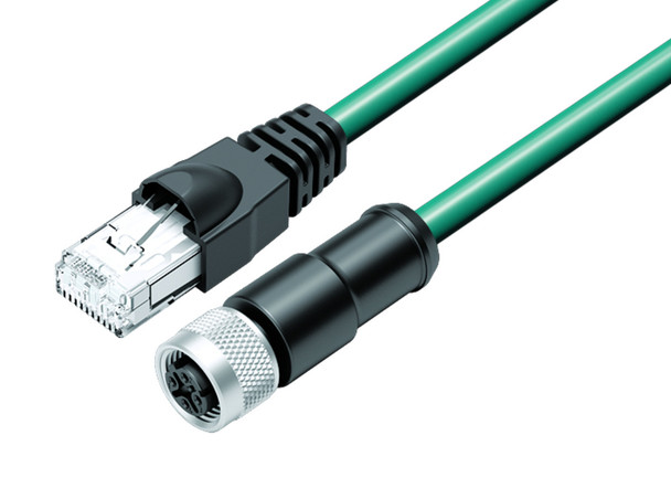 Binder 77-9753-4530-34704-0060 M12-D Connecting cable female cable connector - RJ45 connector, Contacts: 4, shielded, moulded on the cable, IP67, Ethernet CAT5e, TPE, blue green, 2 x 2 x AWG 24, 0.6 m | American Cable Assemblies
