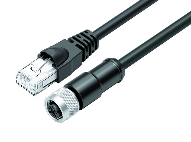 Binder 77-9753-4530-64704-0030 M12-D Connecting cable female cable connector - RJ45 connector, Contacts: 4, shielded, moulded on the cable, IP67, Ethernet CAT5e, TPE, black, 2 x 2 x AWG 24, 0.3 m | American Cable Assemblies