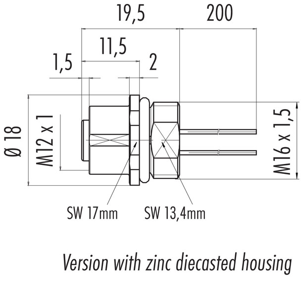 Binder 76-0236-0011-00404-0200 M12-D Female panel mount connector, Contacts: 4, unshielded, single wires, IP67, UL, M16x1,5