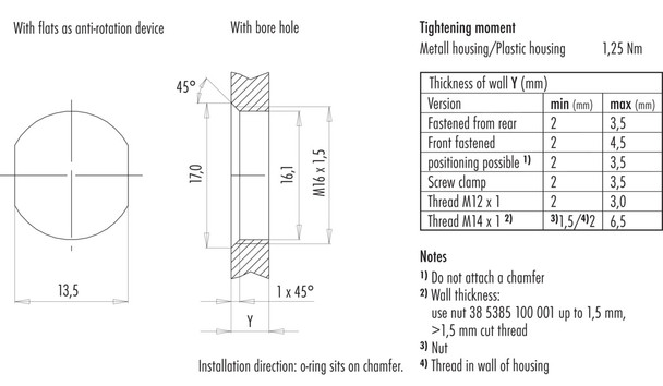 Binder 76-0236-0011-00404-0200 M12-D Female panel mount connector, Contacts: 4, unshielded, single wires, IP67, UL, M16x1,5