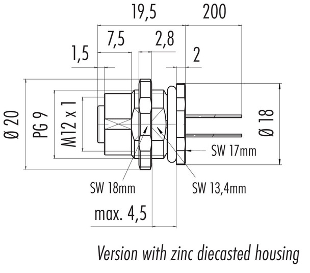 Binder 76-0536-1011-00404-0200 M12-D Female panel mount connector, Contacts: 4, unshielded, single wires, IP67, UL, PG 9, front fastened