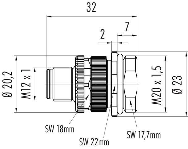 Binder 99-0693-500-04 M12-S Male panel mount connector, Contacts: 3+PE, unshielded, screw clamp, IP68, UL, VDE, M20x1,5, for the power supply