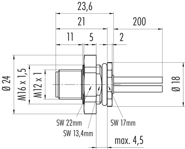 Binder 09-0691-320-04 M12-S Male panel mount connector, Contacts: 3+PE, unshielded, single wires, IP68, M16x1,5, front fastened